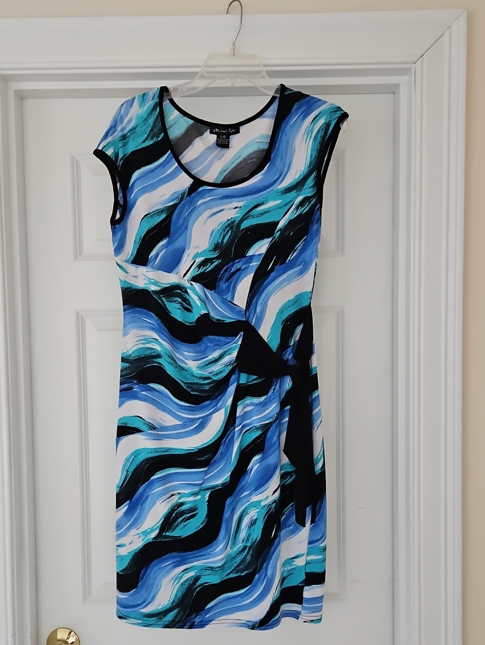 Michael Tyler Blue Wave-Print Cap Sleeve Dress